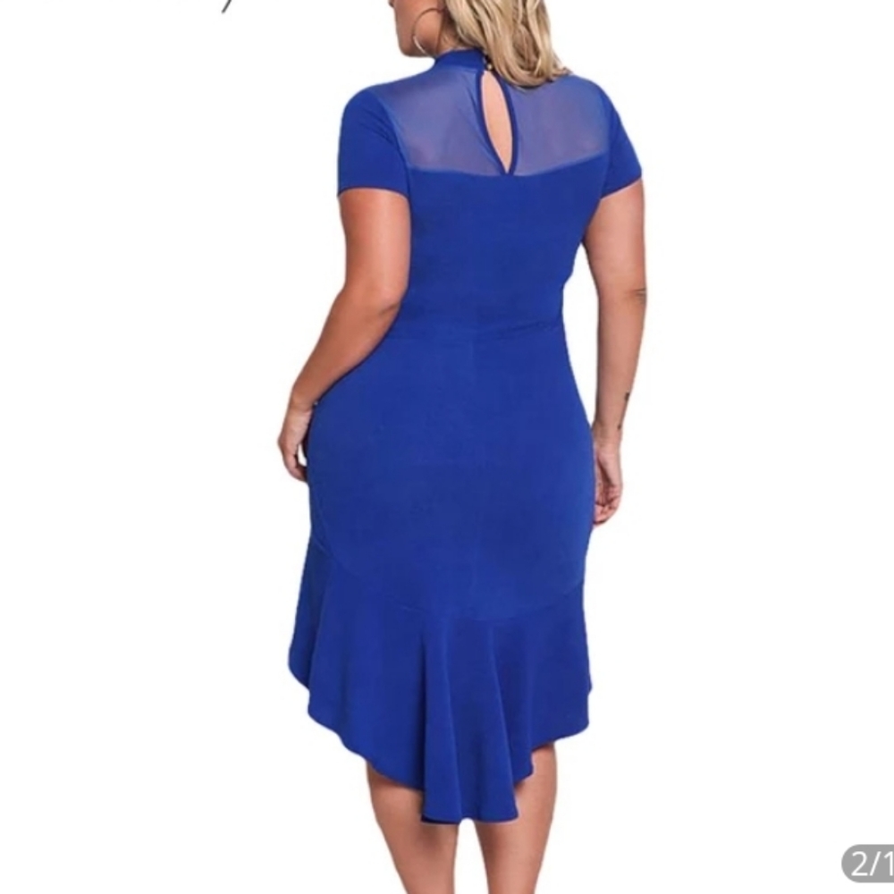 Royal blue stretchy mesh ruffle dress